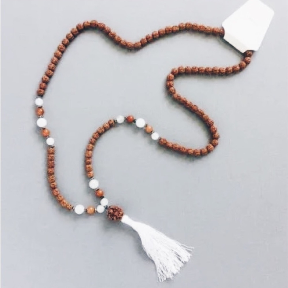 White Jade & Gold Agate Rudraksha Mala